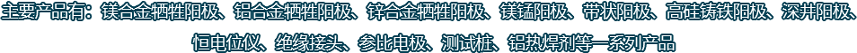 主要產(chǎn)品有：鎂合金犧牲陽(yáng)極、鋁合金犧牲陽(yáng)極、鋅合金犧牲陽(yáng)極、鎂錳陽(yáng)極、帶狀陽(yáng)極、高硅鑄鐵陽(yáng)極、深井陽(yáng)極、恒電位儀、絕緣接頭、參比電極、測(cè)試樁、鋁熱焊劑等一系列產(chǎn)品